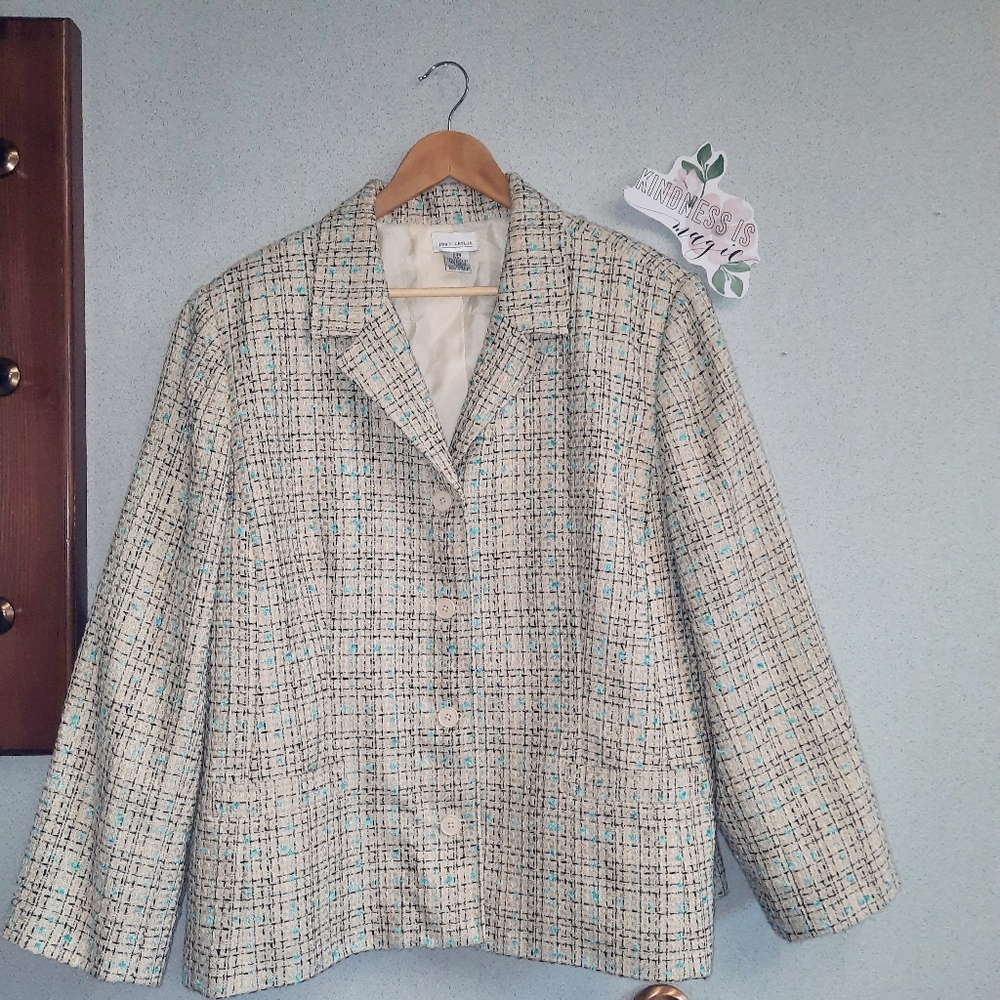 🌼3/$20 Vintage Tweed Blazer, Cream & Aqua, Sz 20 W